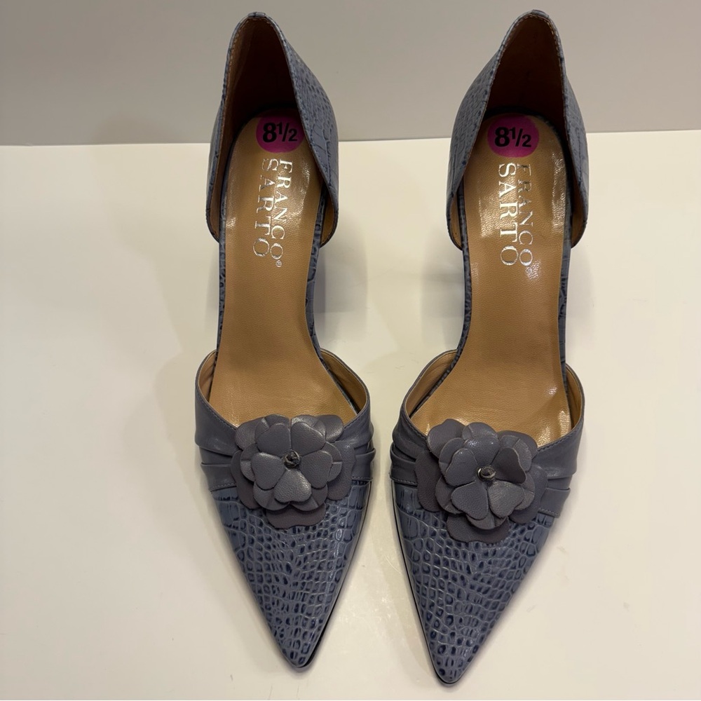 Franco Sarto Croc Embossed D’Orsay Heels Floral Accent Size 8.5 Periwinkle NWOB - Picture 4 of 10